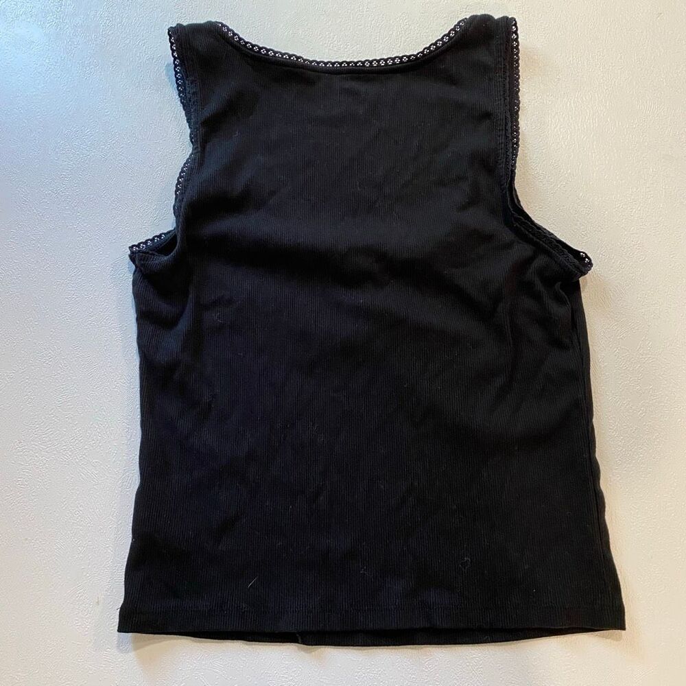 Old Navy Black Ribbed Tank Top Medium Lace Trim Ruched Front Y2K Basic - Picture 3 of 6